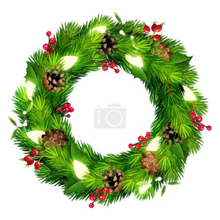 Foto de Corona de Navidad con ramas de abeto verde, conos de pino, luces de Navidad, acebo y muérdago. Ilustración vectorial - Imagen libre de derechos