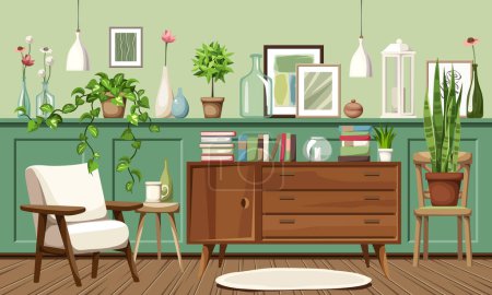 Illustration for Room interior with green wall panels, an armchair, a dresser, and plenty of houseplants, vases, and pictures. Vintage interior design. Cartoon vector illustration - Royalty Free Image