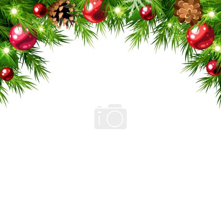 Foto de Marco de fondo de Navidad con ramas de abeto verde, bolas rojas, conos de pino y luces de Navidad. Saludos de temporada fondo. Diseño de tarjetas de felicitación o invitación. Ilustración vectorial - Imagen libre de derechos