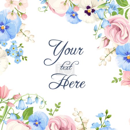 Greeting or invitation card design with pink, blue, and white pansy flowers, forget-me-not flowers, lisianthus flowers, and lily-of-the-valley flowers. Vector floral background
