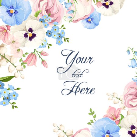 Greeting or invitation card design with pink, white, and blue pansy flowers, lisianthus flowers, harebell flowers, and forget-me-not flowers. Vector floral background