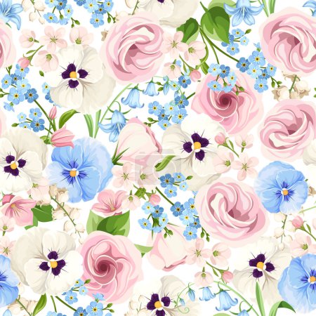 Illustration for Seamless pattern with pink, white, and blue pansy flowers, lisianthus flowers, bluebells, and forget-me-not flowers on a white background. Vector illustration - Royalty Free Image