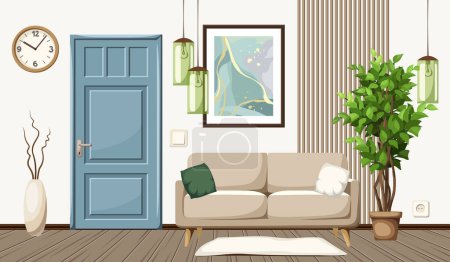 Nowoczesne wnętrze pokoju z sofą, abstrakcyjny obraz, niebieskie drzwi, duże drzewo fikus i zielone lampy. Projektowanie wnętrz foyer. Ilustracja wektora kreskówki