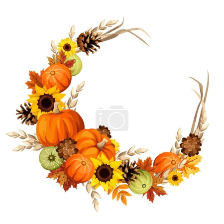 Foto de Corona de otoño con calabazas, espigas de trigo, girasoles y hojas de arce de otoño aisladas sobre un fondo blanco. Marco de círculo vectorial. Diseño de tarjeta de felicitación - Imagen libre de derechos