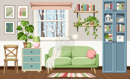 Cozy winter living room interior with snowfall outside the window. Modern interior design with a green sofa, a blue bookcase, a dresser, and houseplants. Cartoon vector illustration