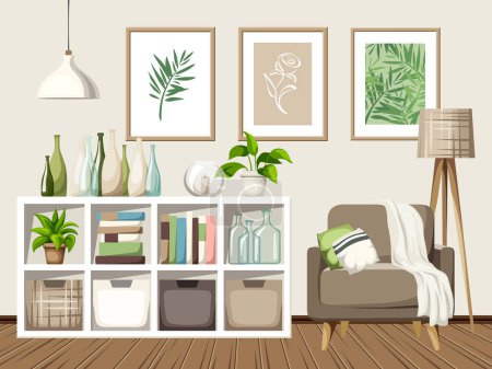 Photo for Living room interior with a shelving, an armchair, lamps, paintings, books, and decorative bottles. Beige, white, and green room interior. Cozy modern interior design. Cartoon vector illustration - Royalty Free Image