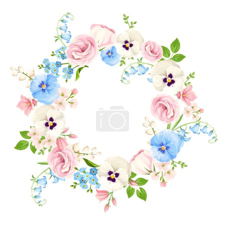 Illustration for Floral wreath with pink, white, and blue lisianthus flowers, pansy flowers, bluebells, and forget-me-not flowers. Floral circle frame. Vector illustration - Royalty Free Image