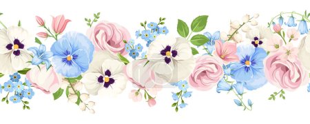 Illustration for Horizontal seamless border with pink, white, and blue lisianthus flowers, pansy flowers, bluebells, and forget-me-not flowers. Vector floral garland - Royalty Free Image