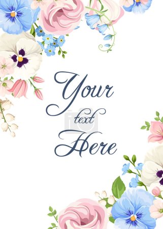 Illustration for Greeting or invitation card design with pink, white, and blue spring flowers: pansy flowers, lisianthus flowers, harebells, and forget-me-not flowers. Vector floral background - Royalty Free Image