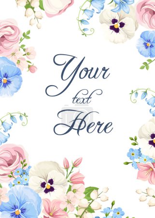 Illustration for Greeting or invitation card design with pink, white, and blue pansy flowers, lisianthuses, harebells, lily of the valley, and forget-me-not flowers. Vector floral background - Royalty Free Image