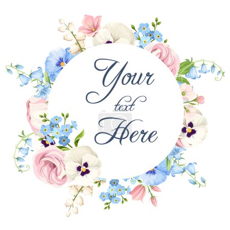 Illustration for Greeting or invitation circle card design with pink, blue, and white pansy flowers, lisianthus flowers, and forget-me-not flowers. Vector illustration - Royalty Free Image