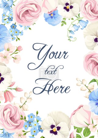 Illustration for Greeting or invitation card design with pink, blue, and white pansy flowers, lisianthus flowers, harebells, and forget-me-not flowers. Vector floral background frame - Royalty Free Image