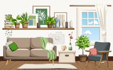 Illustration for Living room interior design with a sofa, an armchair, home decor, and houseplants. Cozy modern room interior design. Cartoon vector illustration - Royalty Free Image