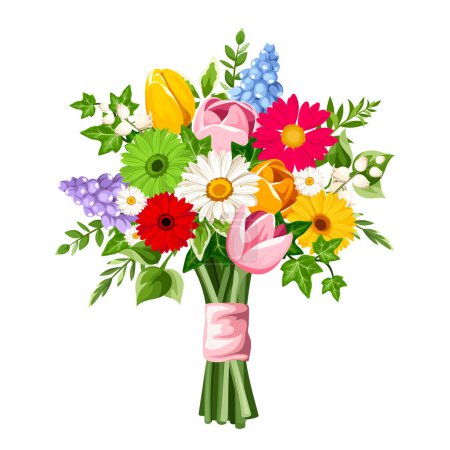 Foto de Ramo de flores coloridas (tulipanes, gerberas, flores de jacinto y lirio de las flores del valle) aisladas sobre un fondo blanco. Ilustración vectorial - Imagen libre de derechos
