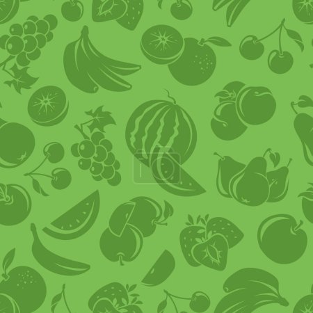Téléchargez les illustrations : Modèle sans couture avec diverses silhouettes de fruits. Fond vert sans couture - en licence libre de droit