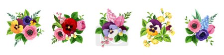 Illustration for Colorful flowers isolated on a white background. Set of colorful tulip, pansy, anemone, and hyacinth flower bouquets. Vector illustrations - Royalty Free Image