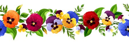 Illustration for Horizontal seamless border with red, orange, yellow, blue, and purple pansy flowers. Vector illustration - Royalty Free Image