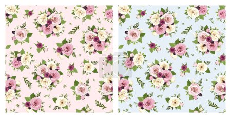 Illustration for Floral seamless patterns with pink, purple, and white roses and lisianthus flowers and blackberries on pink and blue backgrounds. Set of vector floral ornaments - Royalty Free Image