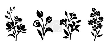 Set of flowers. Black silhouettes of flowers (freesia, tulips, alstroemeria, and forget-me-not flowers) isolated on a white background. Vector illustration