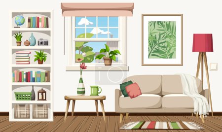 Illustration for Living room interior with a sofa, a white bookcase, a window, a big picture, and houseplants. Cozy room interior design. Cartoon vector illustration - Royalty Free Image