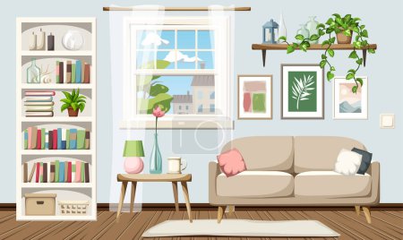 Illustration for Living room interior with blue walls, a sofa, a white bookcase, a window, pictures, and houseplants. Cozy room interior design. Cartoon vector illustration - Royalty Free Image