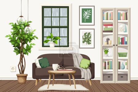 Interior de la sala de estar con un sofá, una estantería de color beige, una ventana con la lluvia exterior y un gran árbol de ficus. Acogedora habitación de diseño interior. Dibujos animados vector ilustración