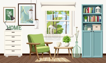 Foto de Diseño interior de la sala de estar con un sillón verde, una estantería azul, una cómoda blanca, imágenes en la pared y luz colgante. Acogedora habitación de diseño interior. Dibujos animados vector ilustración - Imagen libre de derechos
