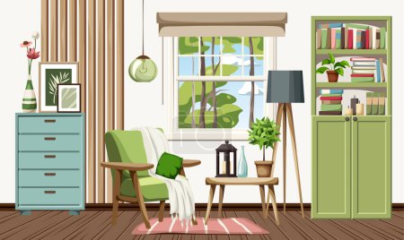 Foto de Diseño interior de la sala de estar con un sillón verde, una estantería verde, una cómoda azul y listones de madera en la pared. Acogedora habitación de diseño interior. Dibujos animados vector ilustración - Imagen libre de derechos