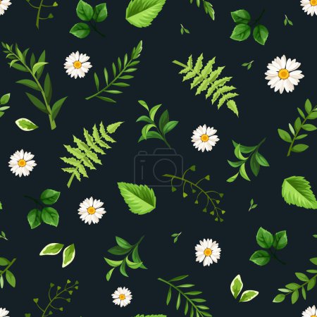 Illustration for Floral pattern with small white daisy flowers and green leaves on a black background. Vector seamless floral print - Royalty Free Image