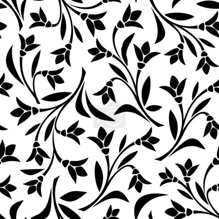 Téléchargez les illustrations : Motif floral sans couture avec des fleurs de Bluebell. Imprimé floral vectoriel noir et blanc - en licence libre de droit