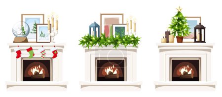 Foto de Chimeneas de Navidad. Conjunto de chimeneas con decoraciones navideñas aisladas sobre fondo blanco. Ilustración vectorial - Imagen libre de derechos