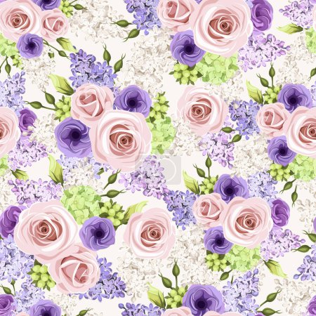 Illustration for Seamless background with pink, purple, and white roses, lisianthus flowers, and lilac flowers. Vector floral pattern - Royalty Free Image
