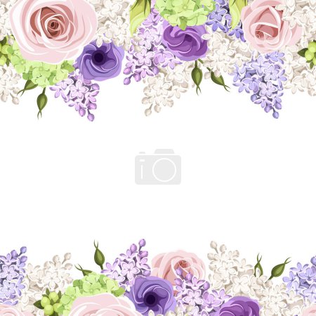 Illustration for Horizontal seamless border with pink, purple, and white roses, lisianthus flowers, and lilac flowers. Vector floral background - Royalty Free Image