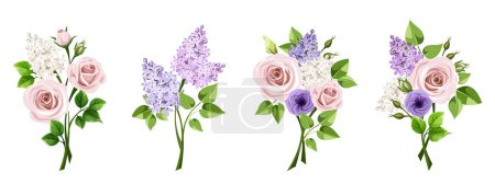 Illustration for Bouquets of pink rose flowers and lilac flowers. Set of vector floral bouquets isolated on a white background - Royalty Free Image