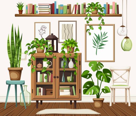 Bibliothèque en bois vintage et plantes d'intérieur. Aménagement intérieur confortable avec une bibliothèque, une étagère et des plantes d'intérieur. Illustration vectorielle de bande dessinée