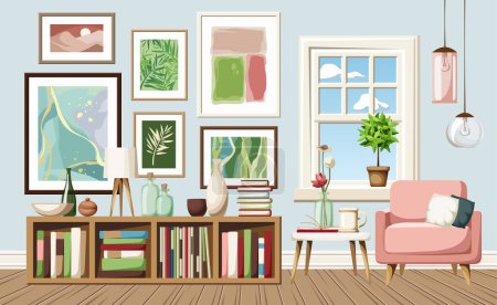 Living room interior design with a blue wall, a pink armchair, a shelving, a window, and paintings on the wall. Modern living room interior design. Cartoon vector illustration