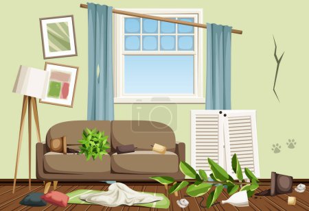 Messy living room interior with a sofa, a broken dresser, overturned houseplants, dirty window, and garbage. Total mess in a living room. Cartoon vector illustration