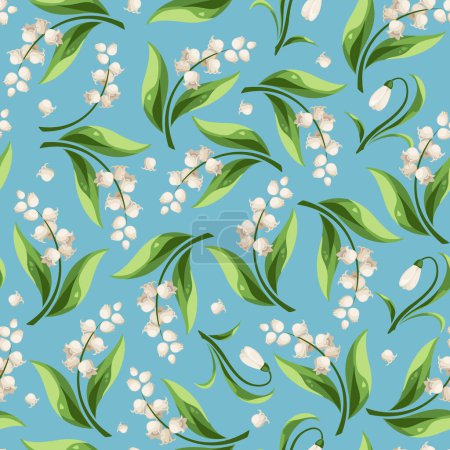 Illustration for Seamless pattern with lily of the valley and snowdrop flowers on a blue background. Vector floral print - Royalty Free Image