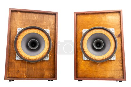 Two vintage speakers with full range drivers isolated on white background.
