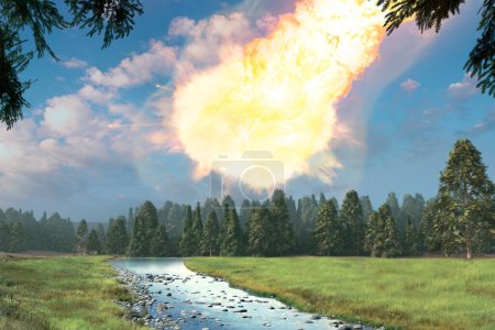 Kunstwerk des berühmten Tunguska-Ereignisses, das sich am 30. Juni 1908 im ostsibirischen Tiaga ereignete. Es wird angenommen, dass ein steinerner Meteoroid mit einem Durchmesser von etwa 50-60m in die Erdatmosphäre eingetreten ist, bevor er in einer Höhe von 5-10km explodierte.