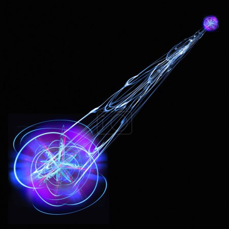 Quantum entanglement. Conceptual illustration of a pair of entangled quantum particles interacting at a distance. Quantum entanglement is one of the consequences of quantum theory. 