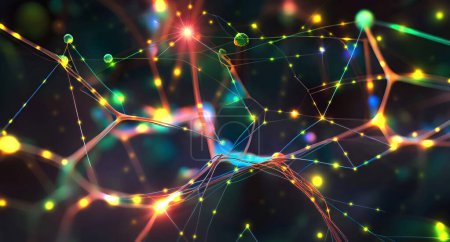 Red neuronal, ilustración conceptual. Esto podría representar un circuito neuronal de neuronas biológicas o una red de neuronas artificiales utilizadas para modelos de inteligencia artificial..