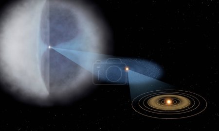Téléchargez les photos : Le nuage d'Oort est une vaste région sphérique de l'espace qui entoure le Soleil, avec un rayon mesuré en milliers d'unités astronomiques (1 UA étant la distance Terre-Soleil). - en image libre de droit