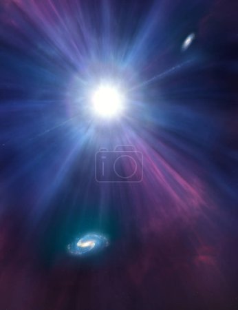 Photo for Artwork depicting a cataclysmic astronomical even called a fast blue optical transient (FBOT). These are epic explosions on a par with supernovae, kilonovae or gamma-ray bursts, but their rise to maximum brightness and their subsequent decline. - Royalty Free Image