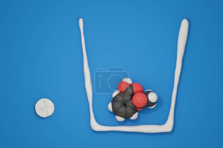Photo for Acetylsalicylic acid (aspirin) drug molecule. 3D rendering: composition of a space-filling molecular model (carbon black, hydrogen white, oxygen red), a tablet and a cross-cut of a drinking glass. - Royalty Free Image