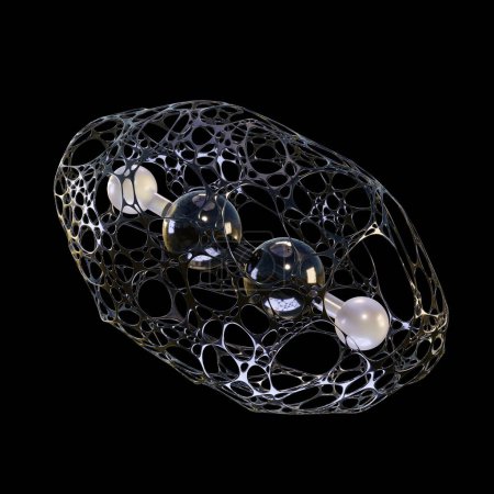 Téléchargez les photos : Molécule d'acétylène (éthyne) sur fond noir. rendu 3D : Les atomes sont représentés sous forme de sphères (noir de carbone, blanc hydrogène). L'approximation de la surface moléculaire est représentée par un maillage de style organique dans un matériau en verre noir. - en image libre de droit