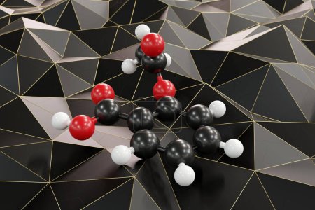 Foto de Molécula de ácido acetilsalicílico (aspirina). Representación 3D. Modelo de bola y palo con átomos como esferas con codificación de color convencional: hidrógeno (blanco), carbono (gris), oxígeno (rojo). Fondo abstracto negro y dorado. - Imagen libre de derechos