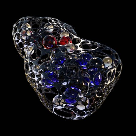 Foto de Molécula nucleósido de adenosina (Ado) purina. Representación 3D: Los átomos se representan como esferas (negro de carbono, blanco de hidrógeno, rojo oxígeno, azul nitrógeno). La aproximación de la superficie molecular se muestra como una malla de estilo orgánico en un material de vidrio negro. - Imagen libre de derechos