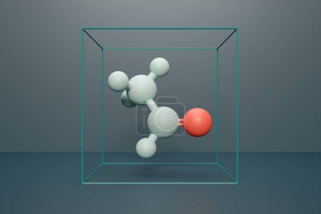 Foto de Acetaldehído (etanal) molécula, estructura química. La representación 3D de la molécula con átomos se representa como esferas. Oxígeno mostrado en rojo, hidrógeno (esferas pequeñas) y carbono (esferas grandes) mostrado en verde claro. - Imagen libre de derechos
