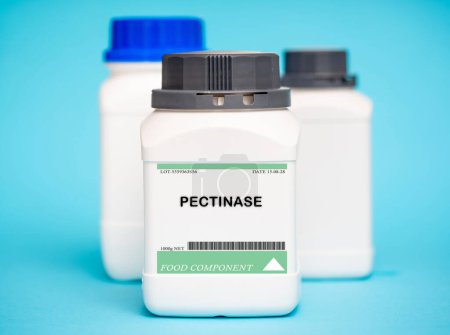 Photo for Container of pectinase. Pectinase is an enzyme used in the production of some fruit juices and other foods to break down pectin, a complex carbohydrate found in fruits and vegetables. - Royalty Free Image